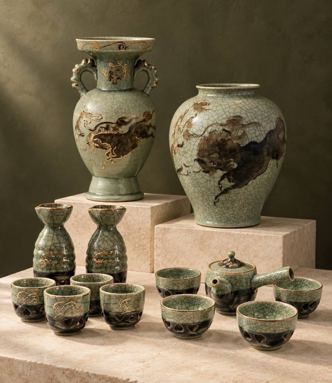 16pc Obori Soma Yaki Ceramic Set Vintage Japanese Gold Horse Vase Tea Sake Kyusu