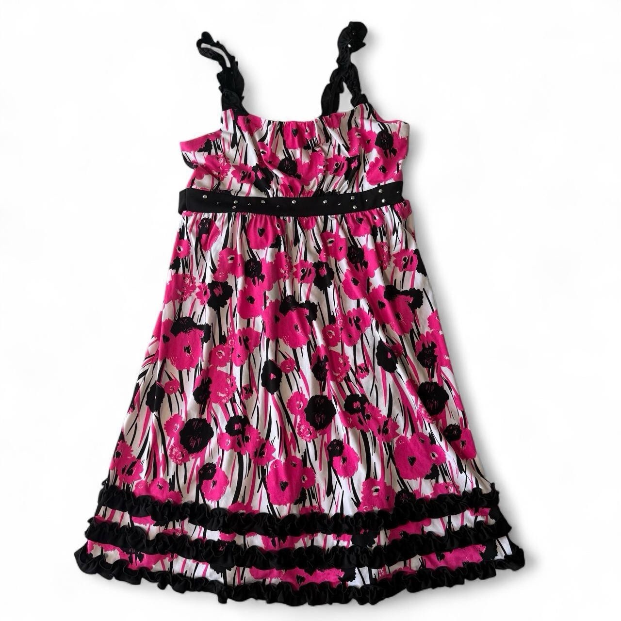 Vintage Y2K Justice Pink Black White Babydoll Floral Ruffle Dress Girls 14 
