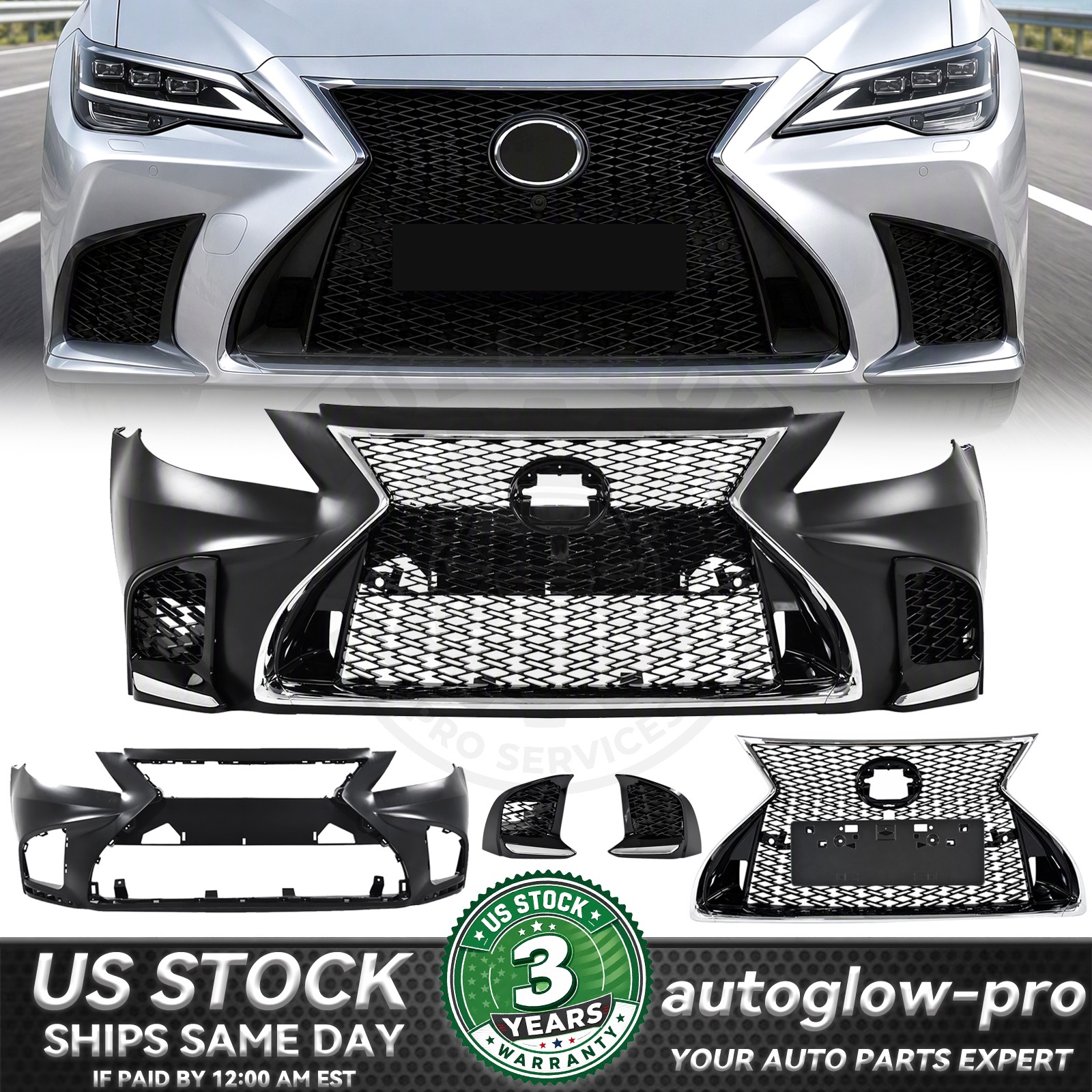 For 2007-2009 Lexus LS460 to 18+LS F-Sport Style Front Bumper Cover Grille Set