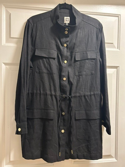 Anne Klein Black Long Sleeve Button-Up Coat with Drawstring Waist Size L Anne Klein Black Long Sleeve Button-Up Coat with Drawstring Waist Size L