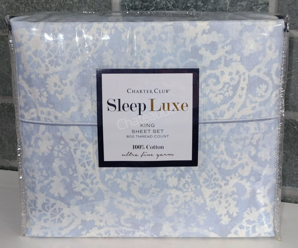 Charter Club Sleep Luxe 100% Cotton Sateen 800 Thread Count KING Sheet Set Blue