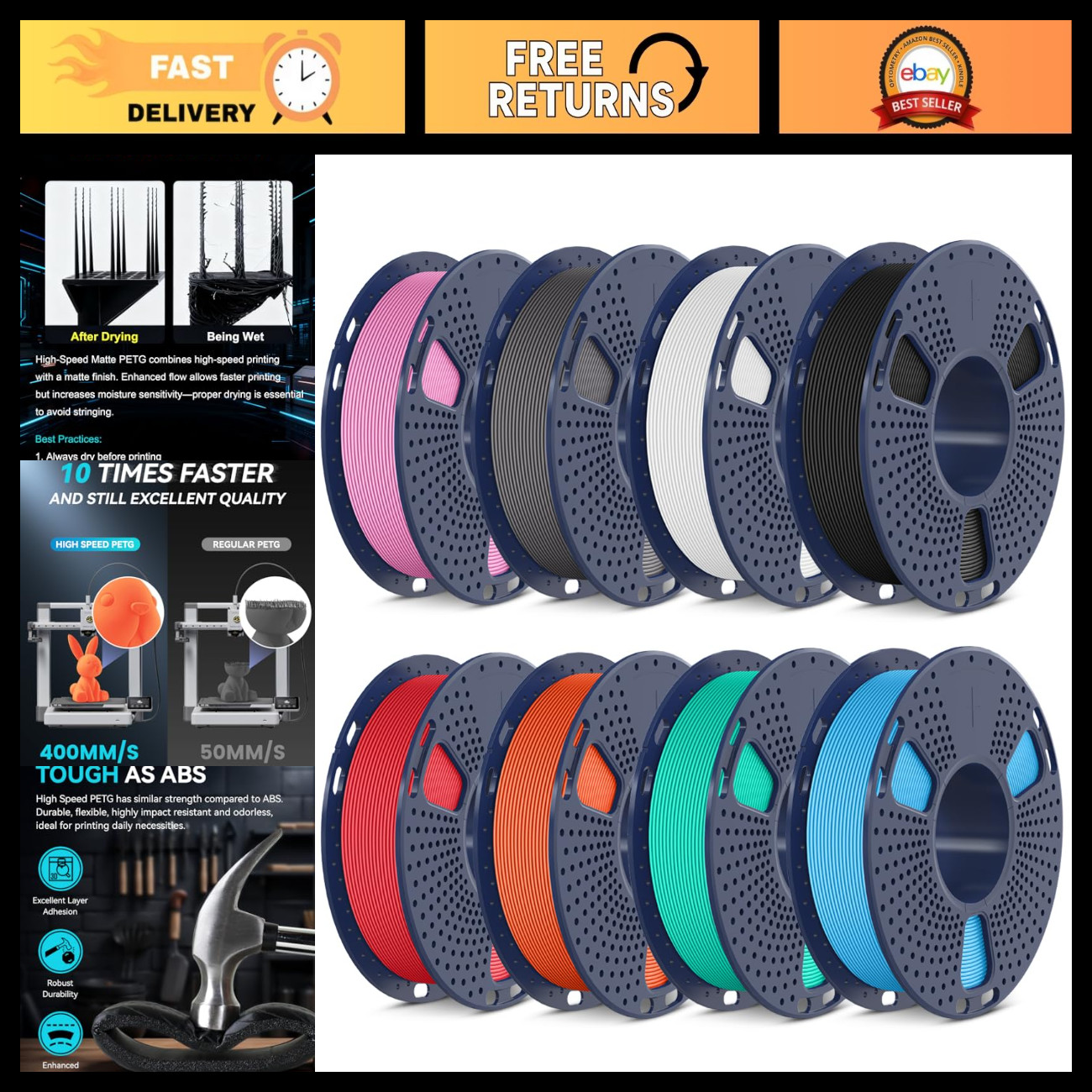 High-Speed 1.75mm PETG Filament - Multicolor 8-Pack for 3D Printing, 8 Colors High-Speed 1.75mm PETG Filament - Multicolor 8-Pack for 3D Printing, 8 Colors