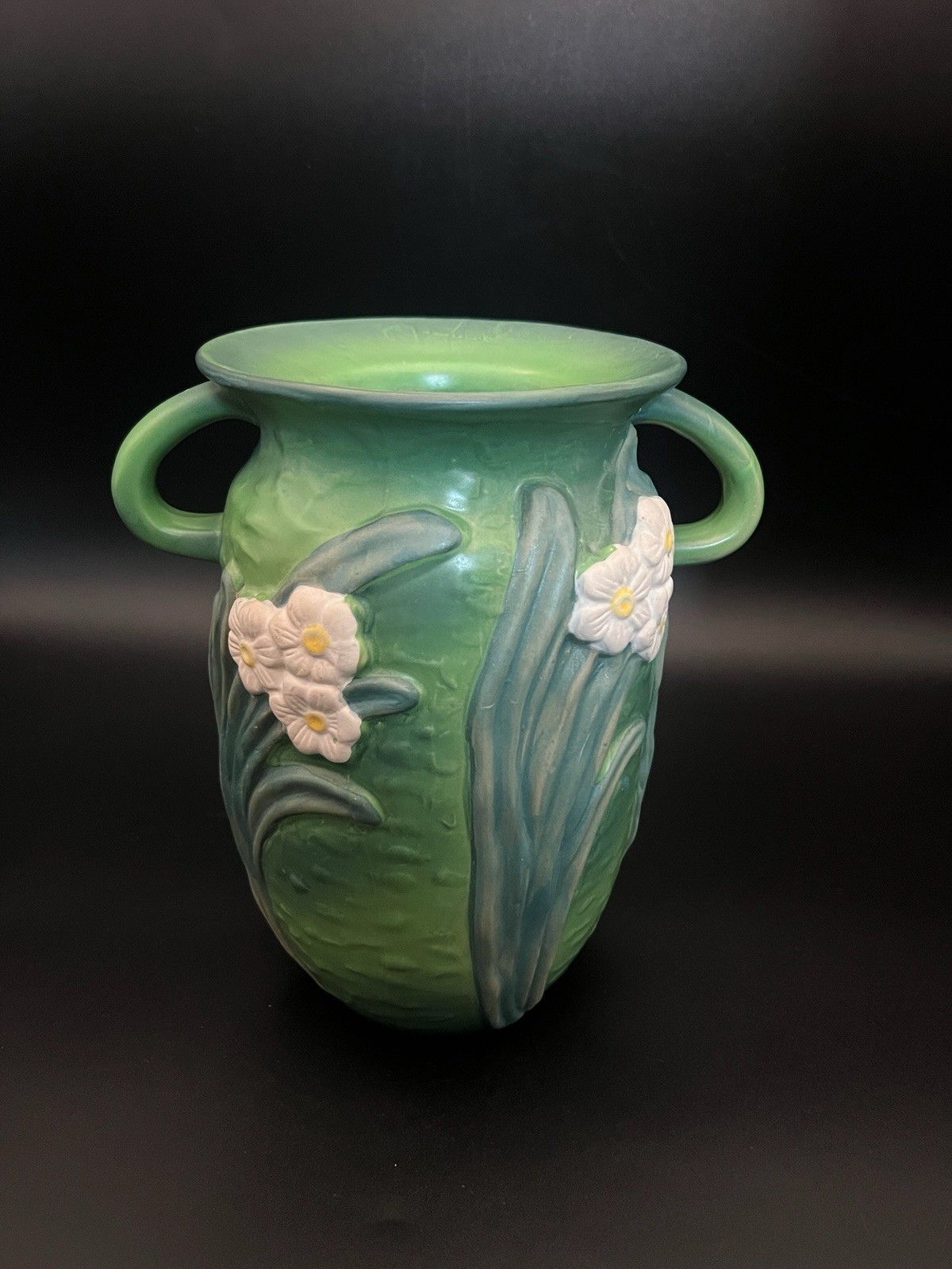 Roseville Style Art Pottery Vase 10 Inch Tall  Raised White Rose Pattern
