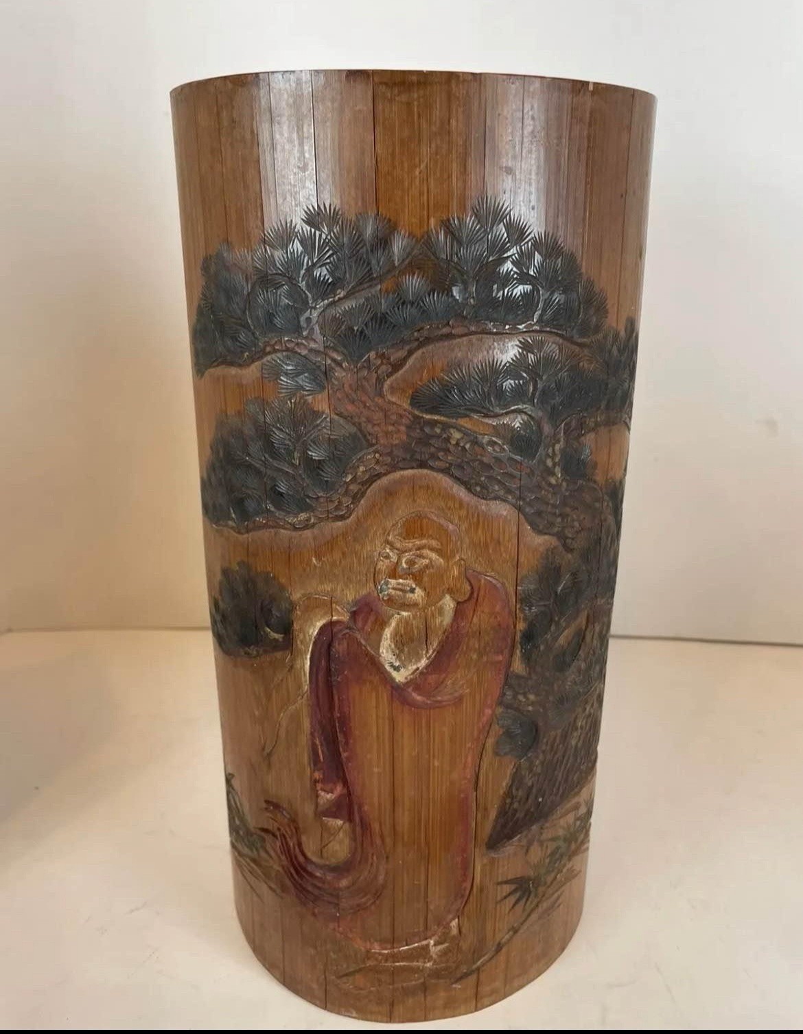 Antique Circa 1900 Chinese Immortal God Polychrome Bamboo Carved Brush Pot Antique Circa 1900 Chinese Immortal God Polychrome Bamboo Carved Brush Pot