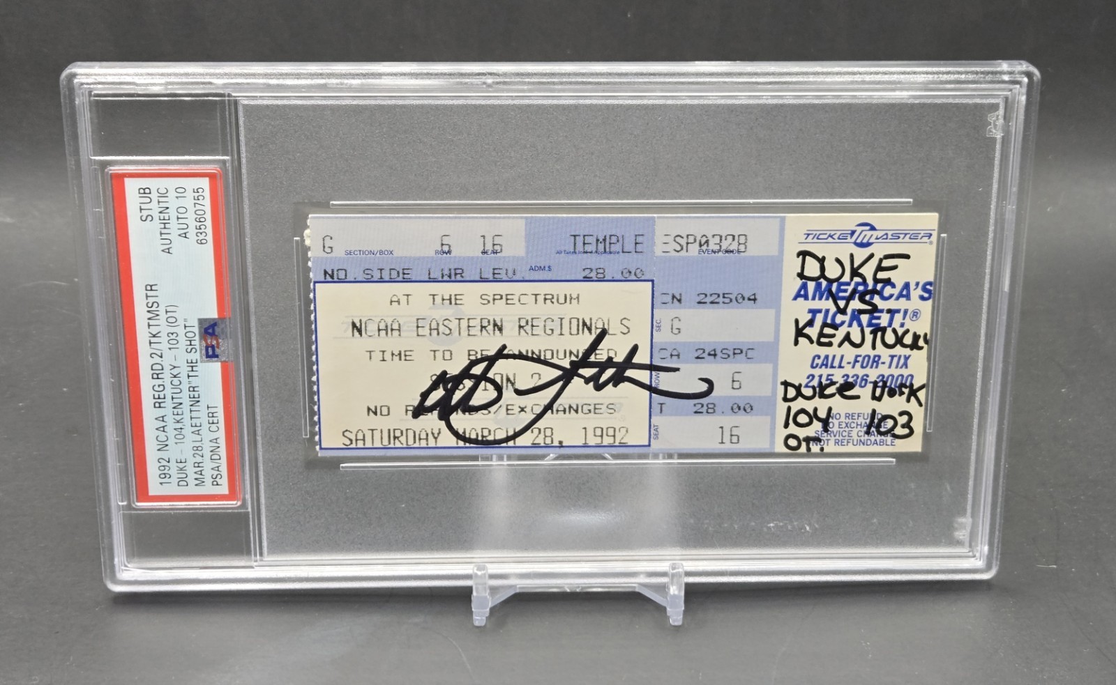 CHRISTIAN LAETTNER “THE SHOT” 1992 NCAA TICKET STUB DUKE KENTUCKY PSA AUTO 10 CHRISTIAN LAETTNER “THE SHOT” 1992 NCAA TICKET STUB DUKE KENTUCKY PSA AUTO 10