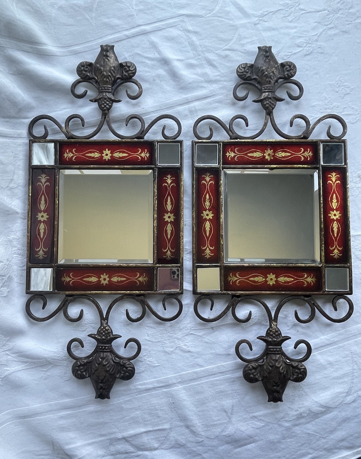 Vtg Ornate Spanish Style Wall Mirrors Painted Glass Tile Beveled Iron Scroll Set Vtg Ornate Spanish Style Wall Mirrors Painted Glass Tile Beveled Iron Scroll Set
