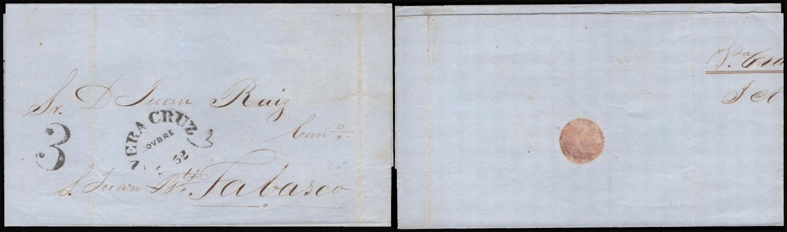 SAVOYSTAMPS-STAMPLESS MEXICO COVER 1852 to Tabasco -Vera Cruz cancel & # 3 stamp SAVOYSTAMPS-STAMPLESS MEXICO COVER 1852 to Tabasco -Vera Cruz cancel & # 3 stamp