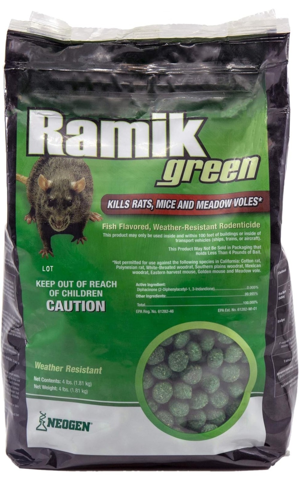 Weather Resistant Rodenticide Nuggets - Green Fish Flavor, 4 lb Bag for Mice & R