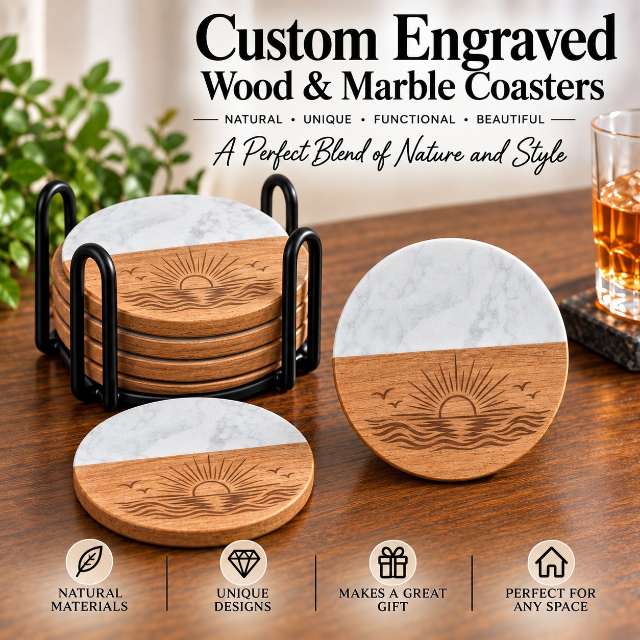 Custom Engraved Wood & Marble Sunrise Coaster & Holder Set, 4in Round, 5pc Custom Engraved Wood & Marble Sunrise Coaster & Holder Set, 4in Round, 5pc