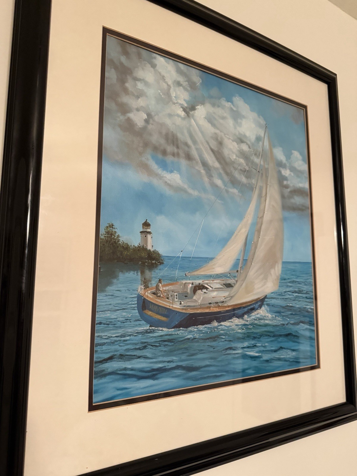 Original Sailboat Lighthouse Seascape Oil Painting Realism Framed Canvas