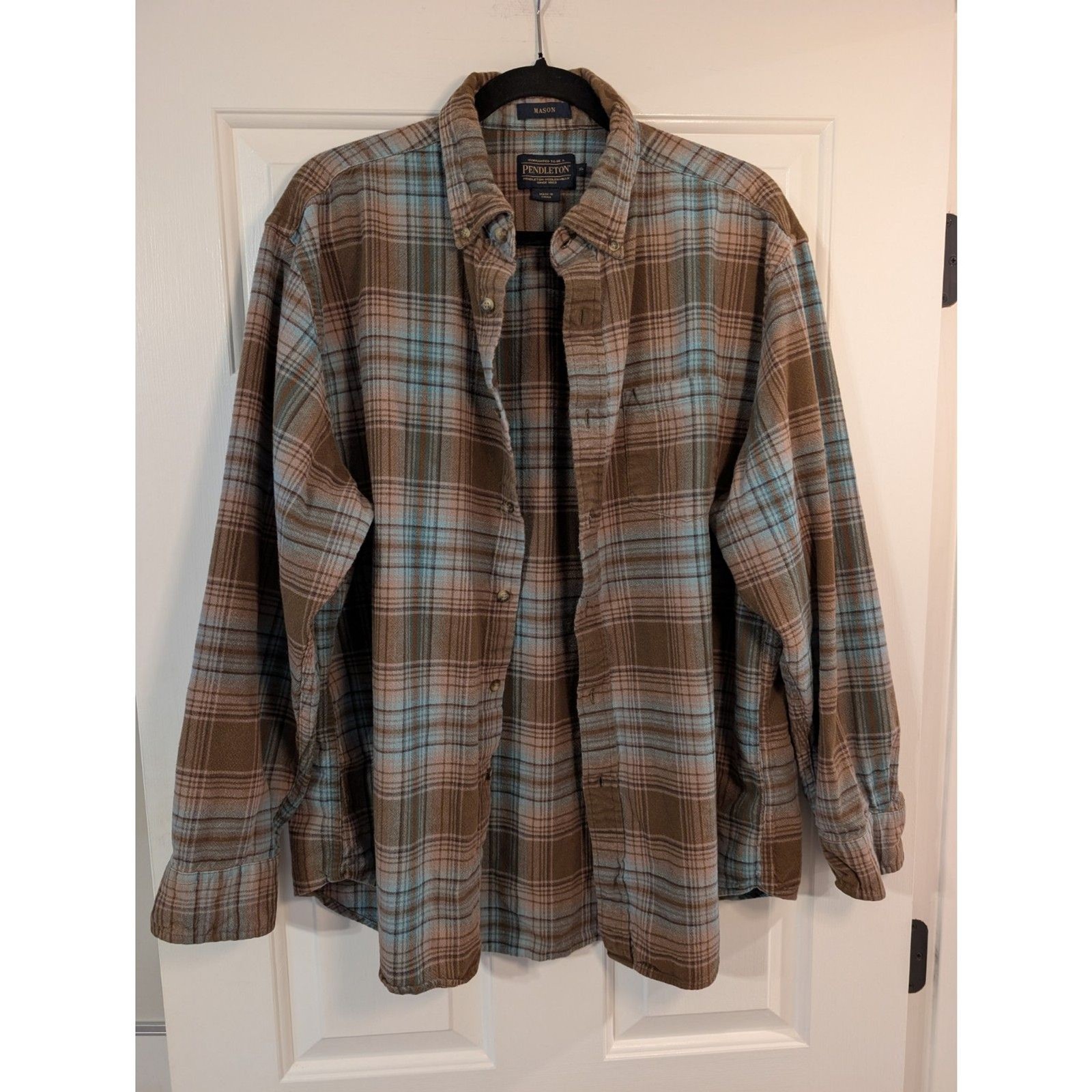 Pendleton Mason Flannel Shirt Men\'s XL Brown Blue Plaid 100% Cotton