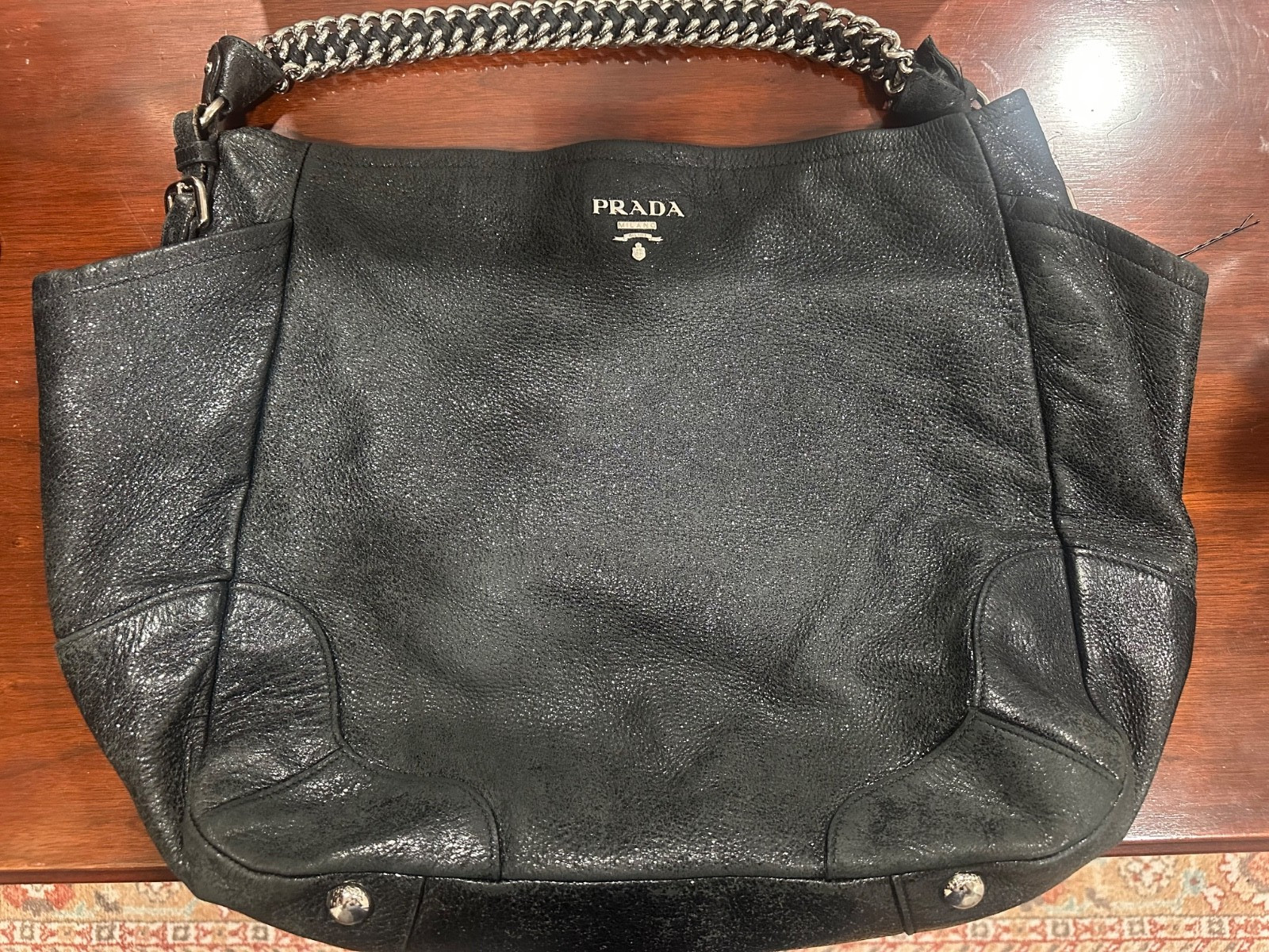 Authentic Prada Cervo Lux Chain Hobo Black Silvertone Pebbled Leather Bag