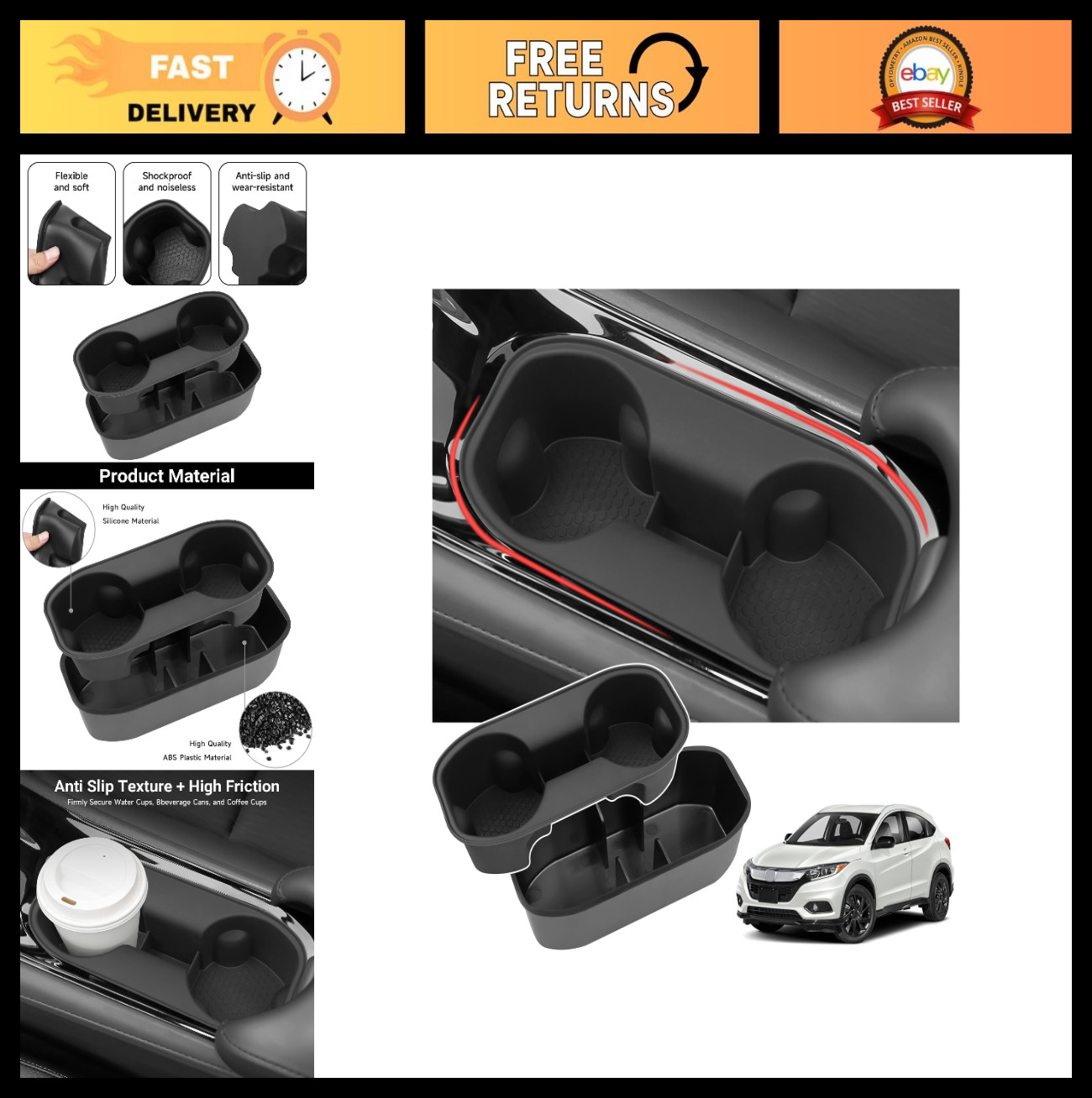 2PCS Car Cup Holder Organizer for Honda HRV 2016-2022 - ABS Silicone Inserts 2PCS Car Cup Holder Organizer for Honda HRV 2016-2022 - ABS Silicone Inserts