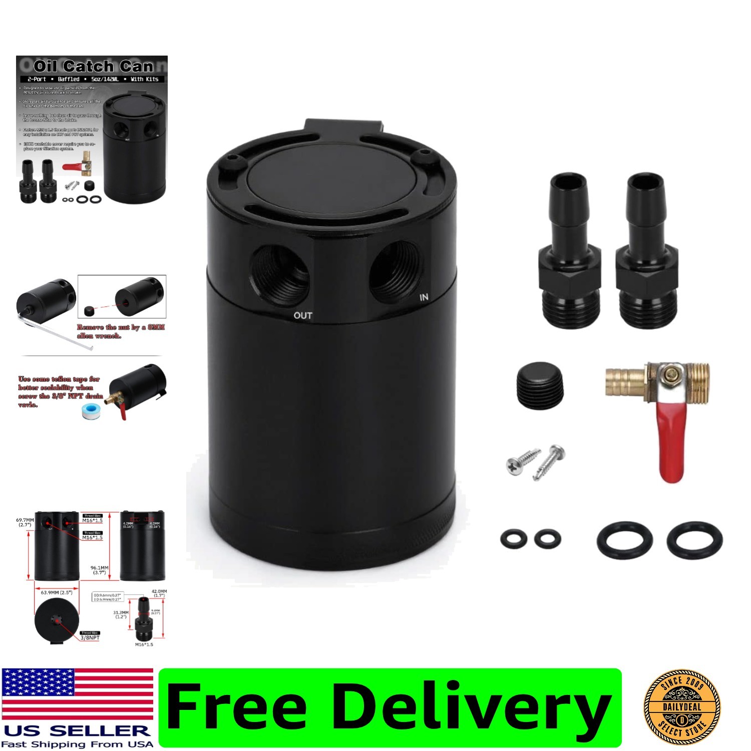 Baffled Oil Catch Can Kit Universal 2 Port Aluminum Oil Separator Reservoir T... Baffled Oil Catch Can Kit Universal 2 Port Aluminum Oil Separator Reservoir T...