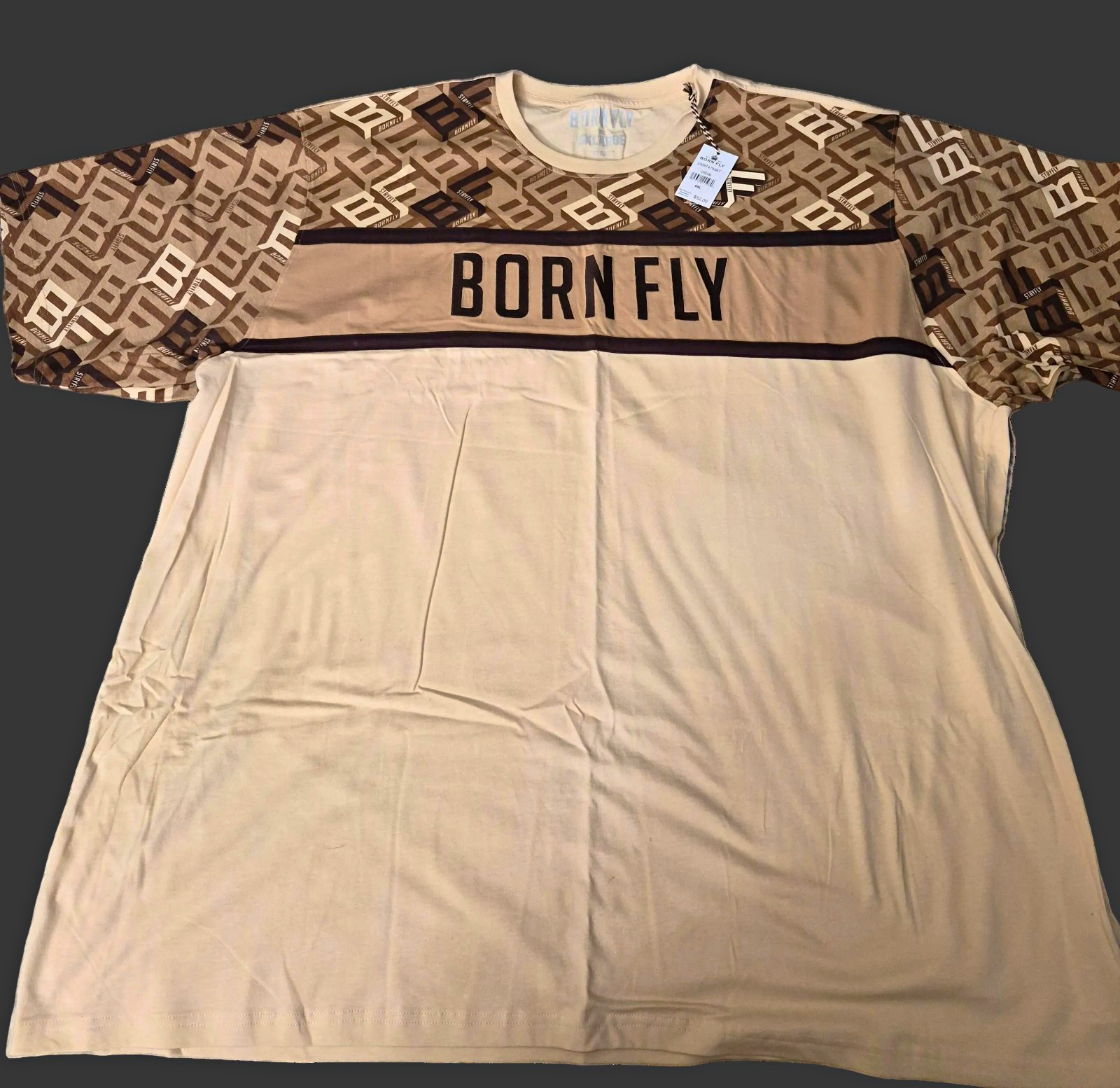 Born Fly Mens Big & Tall 5XL Cream/Brown Graphic Logo Crew Neck T-Shirt Born Fly Mens Big & Tall 5XL Cream/Brown Graphic Logo Crew Neck T-Shirt