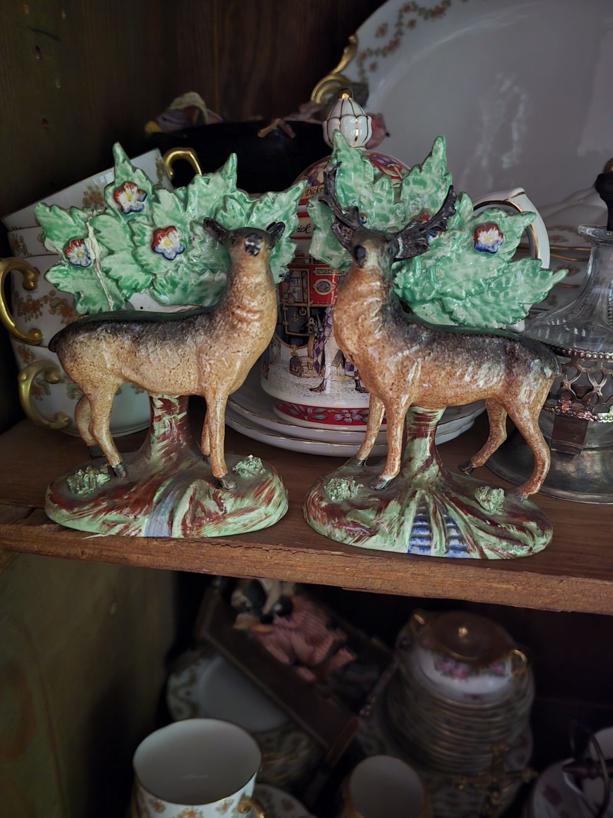 Pair Antique 19C Staffordshire Deer Figurines Pair Antique 19C Staffordshire Deer Figurines