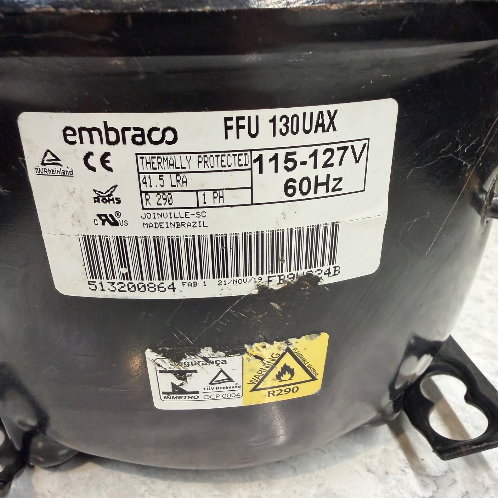 Embraco FFU130UAX Compressor 1/3 HP R290 115V L/MBP Hermetic Reciprocating NEW Embraco FFU130UAX Compressor 1/3 HP R290 115V L/MBP Hermetic Reciprocating NEW