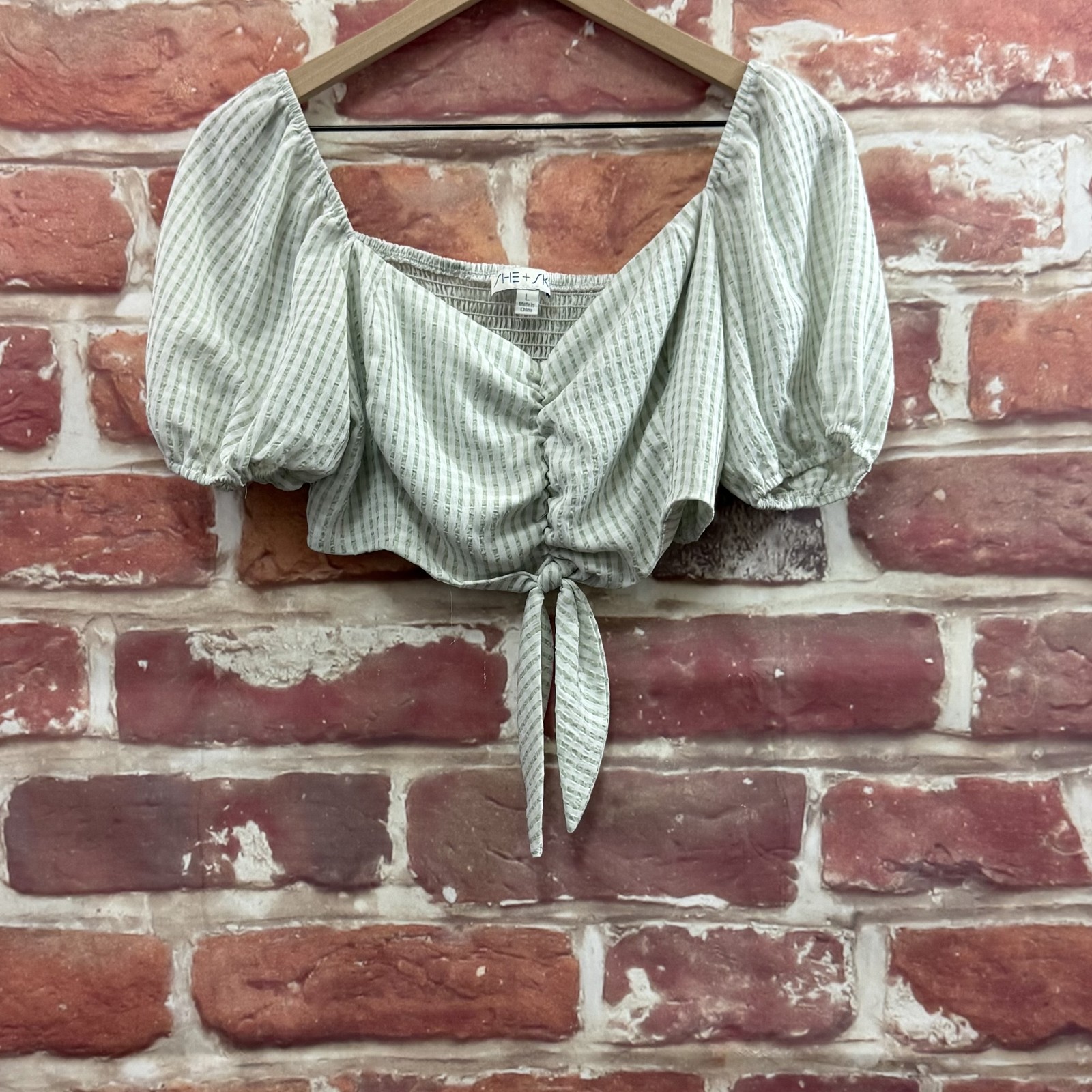 Anthropologie She + Sky Crop Top Womens Large Green Plaid Tie Front Casual Shirt