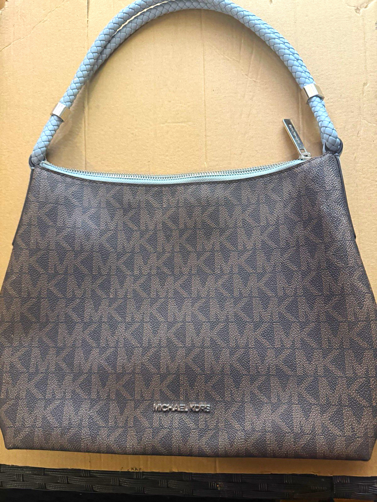 Michael Kors Brown Logo Shoulder Bag, Blue Leather Strap, Zip, Pockets Michael Kors Brown Logo Shoulder Bag, Blue Leather Strap, Zip, Pockets