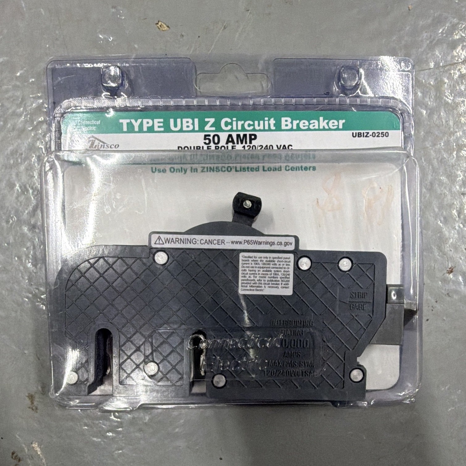 Connecticut Electric UBIZ-0250 Type UBI-Z 50A 2-Pole 120/240VAC Zinsco Connecticut Electric UBIZ-0250 Type UBI-Z 50A 2-Pole 120/240VAC Zinsco
