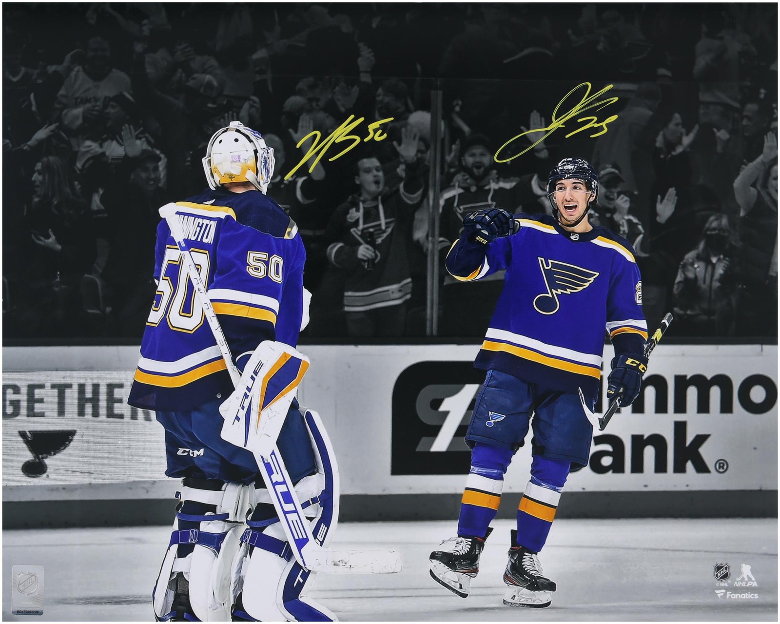 Jordan Kyrou and Jordan Binnington Blues Signed 16x20 Celebration Photo