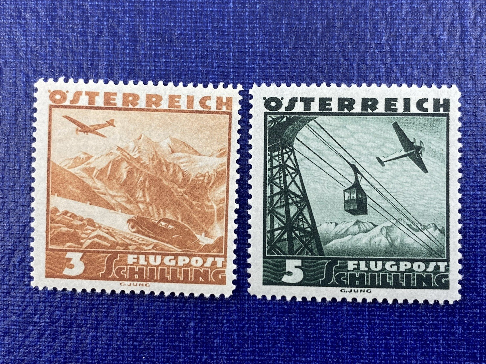 Austria 1935 Airmail Stamps C44, C45, 3S & 5S Scenic Aviation Series, MLH Clean Austria 1935 Airmail Stamps C44, C45, 3S & 5S Scenic Aviation Series, MLH Clean