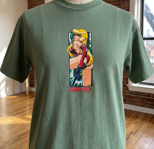 Hook-Ups vintage style green Anime Girl Graphic Short Sleeve T-Shirt Large