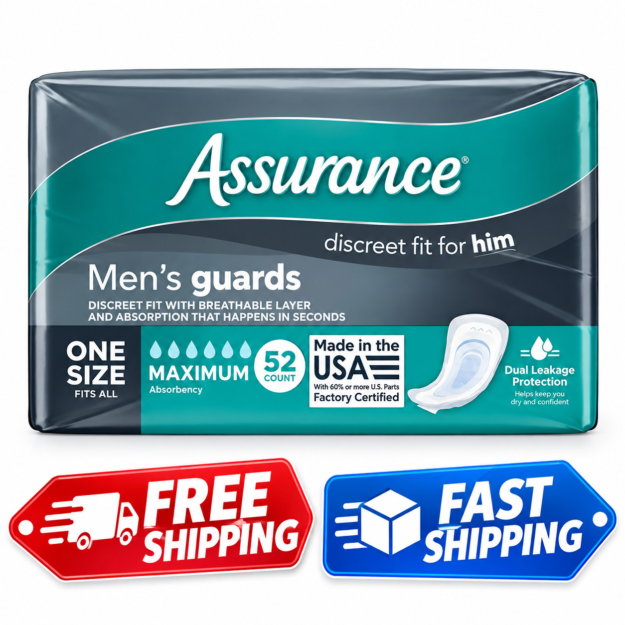 Assurance Men\'s Guards, Maximum Absorbency, One Size Fits All, 52 Count Assurance Men\'s Guards, Maximum Absorbency, One Size Fits All, 52 Count