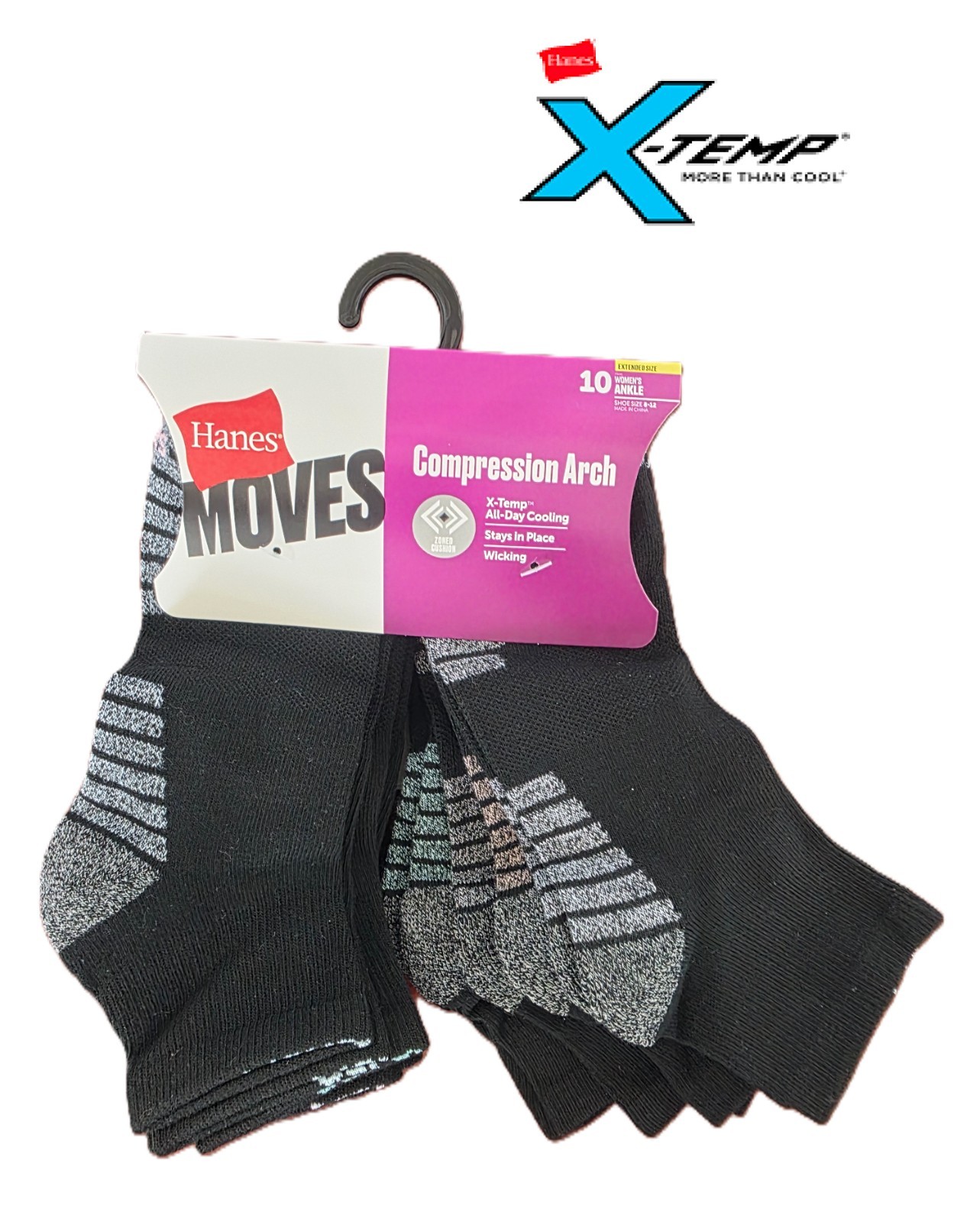 HANES LADIES X-TEMP COMPRESSION ARCH ANKLE  10PK. SOCKS BLACK  EXTENED SIZE 8-12