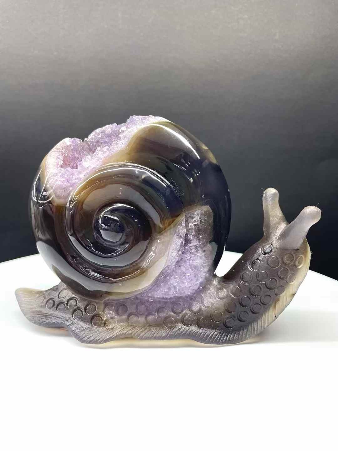 1.36LB Natural Amethyst Agate Geode Quartz Carved Snail Skull Crystal Reiki
