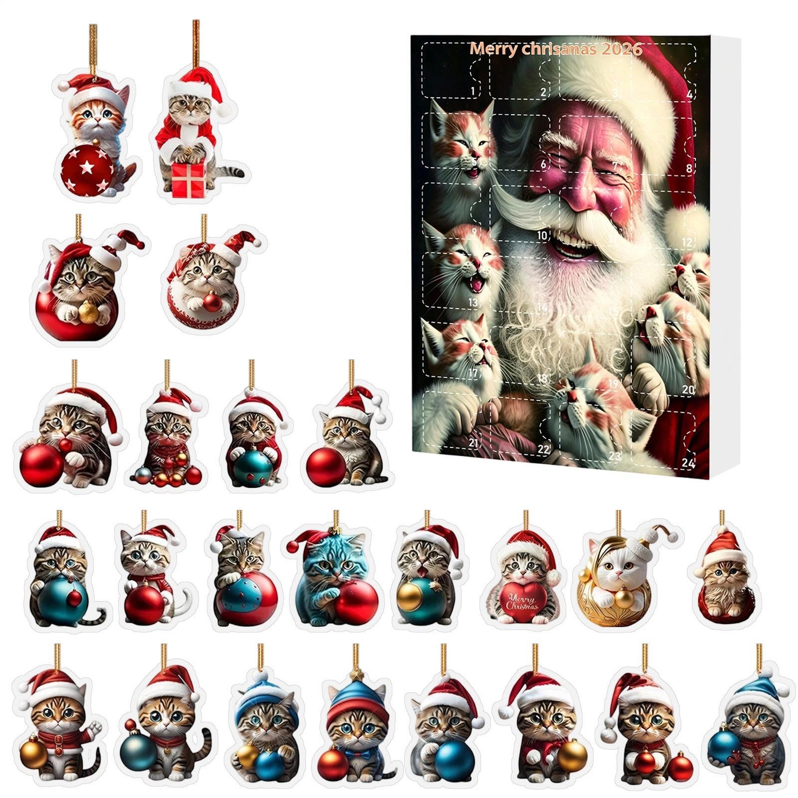 Christmas Countdown Calendar 24pcs 2D Acrylic Cat Ornaments for Christmas Tree