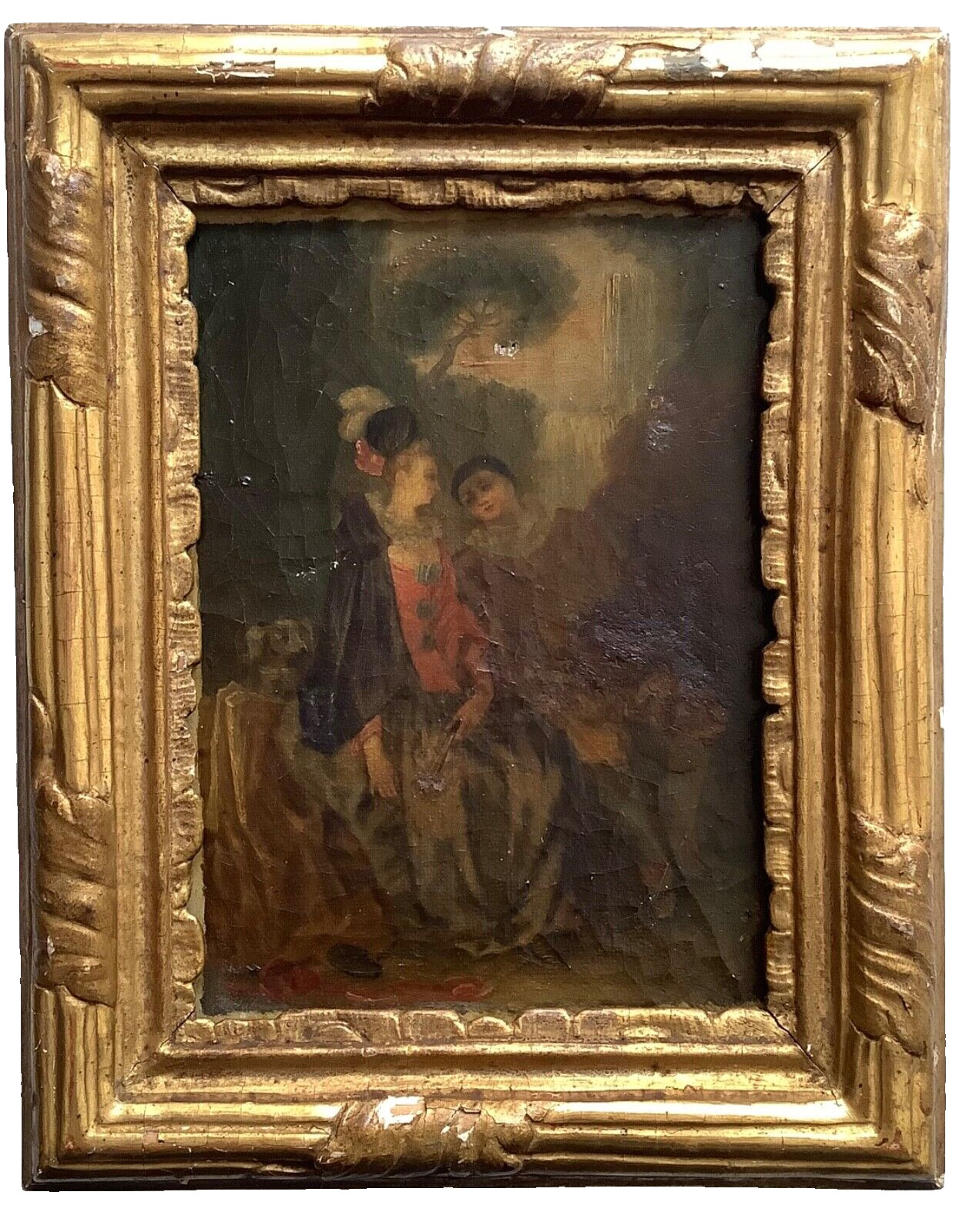 Antique Cabinet Picture Costumed Figures in a Landscape Oil on Canvas Gilt Frame