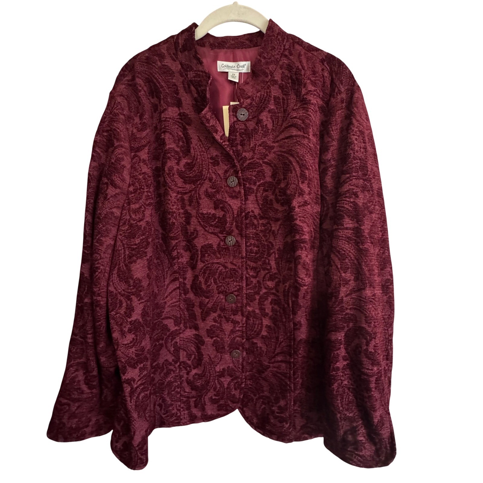 Coldwater Creek Burgundy Tonal Flourish Jacquard Jacket 2X NWT Stand Collar
