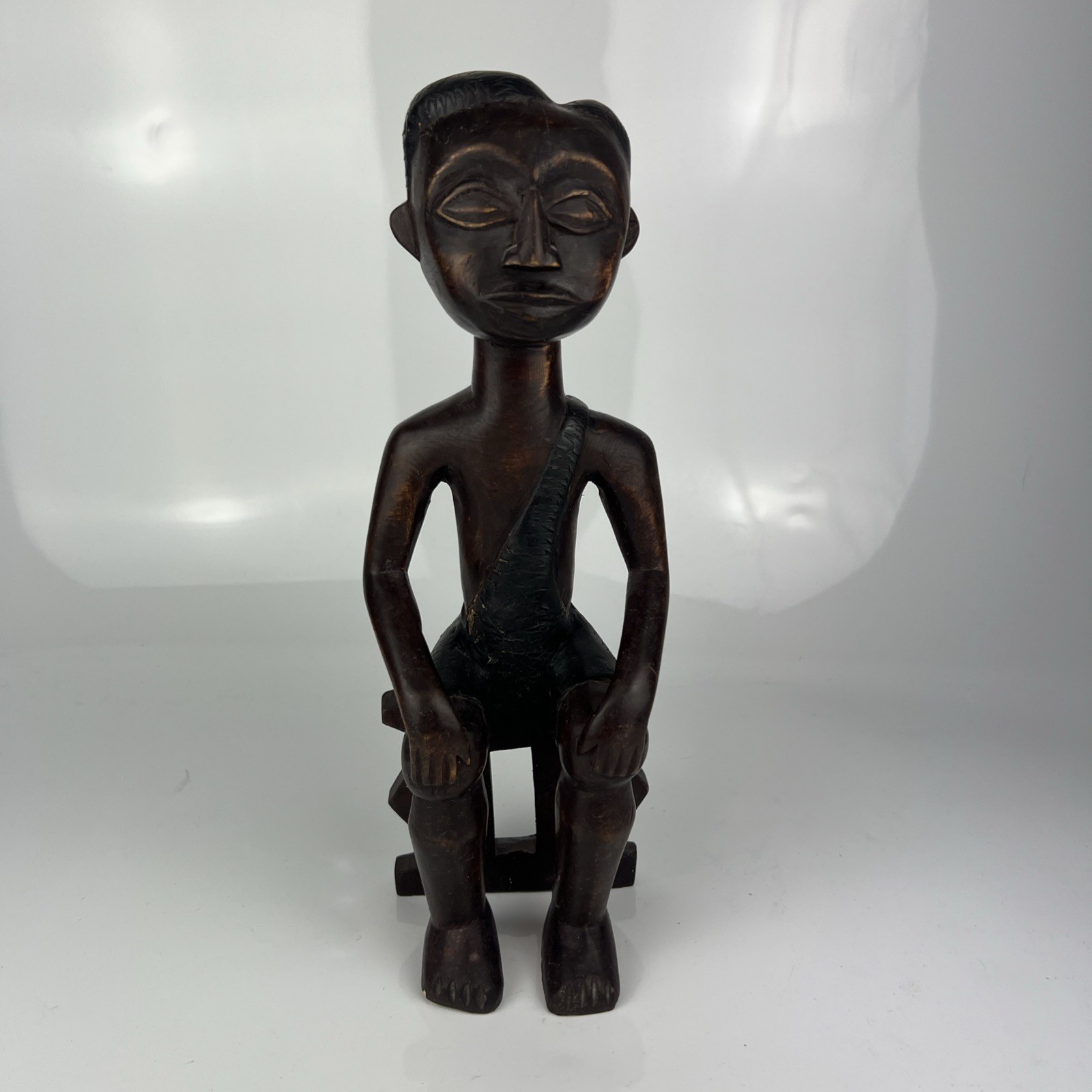 African Carved Wooden Seated Man Figure Statue Ghana