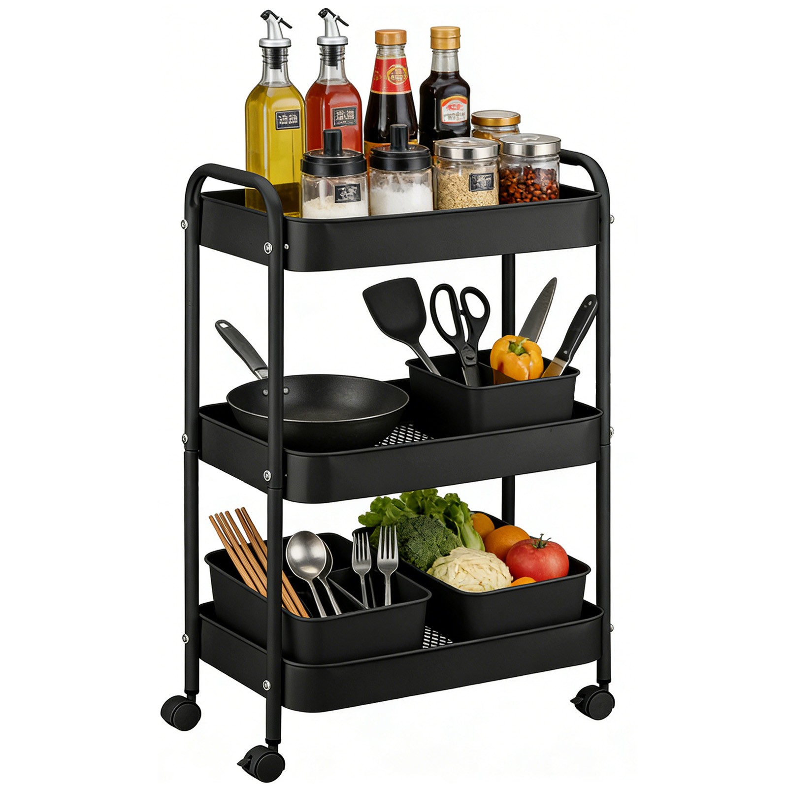 3-Tier Metal Rolling Utility Cart Lightweight Storage Organizer Trolley w/ hooks 3-Tier Metal Rolling Utility Cart Lightweight Storage Organizer Trolley w/ hooks