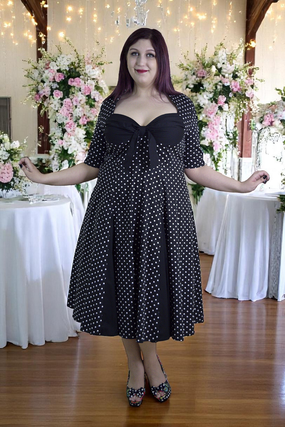 Plus Size Polka Dot Swing Dress Retro Rockabilly Wedding Guest Dress, Graduation