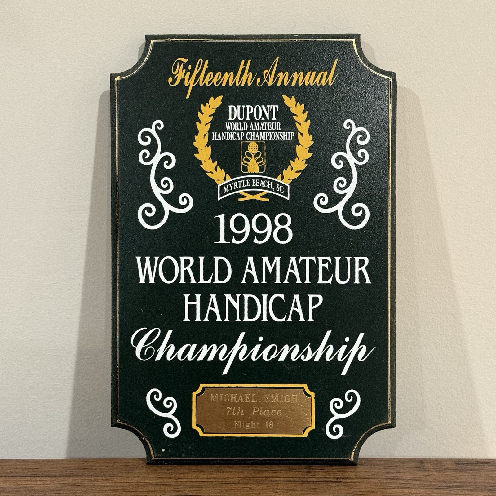 1998 DuPont World Amateur Handicap Championship Golf Award Plaque Myrtle Beach