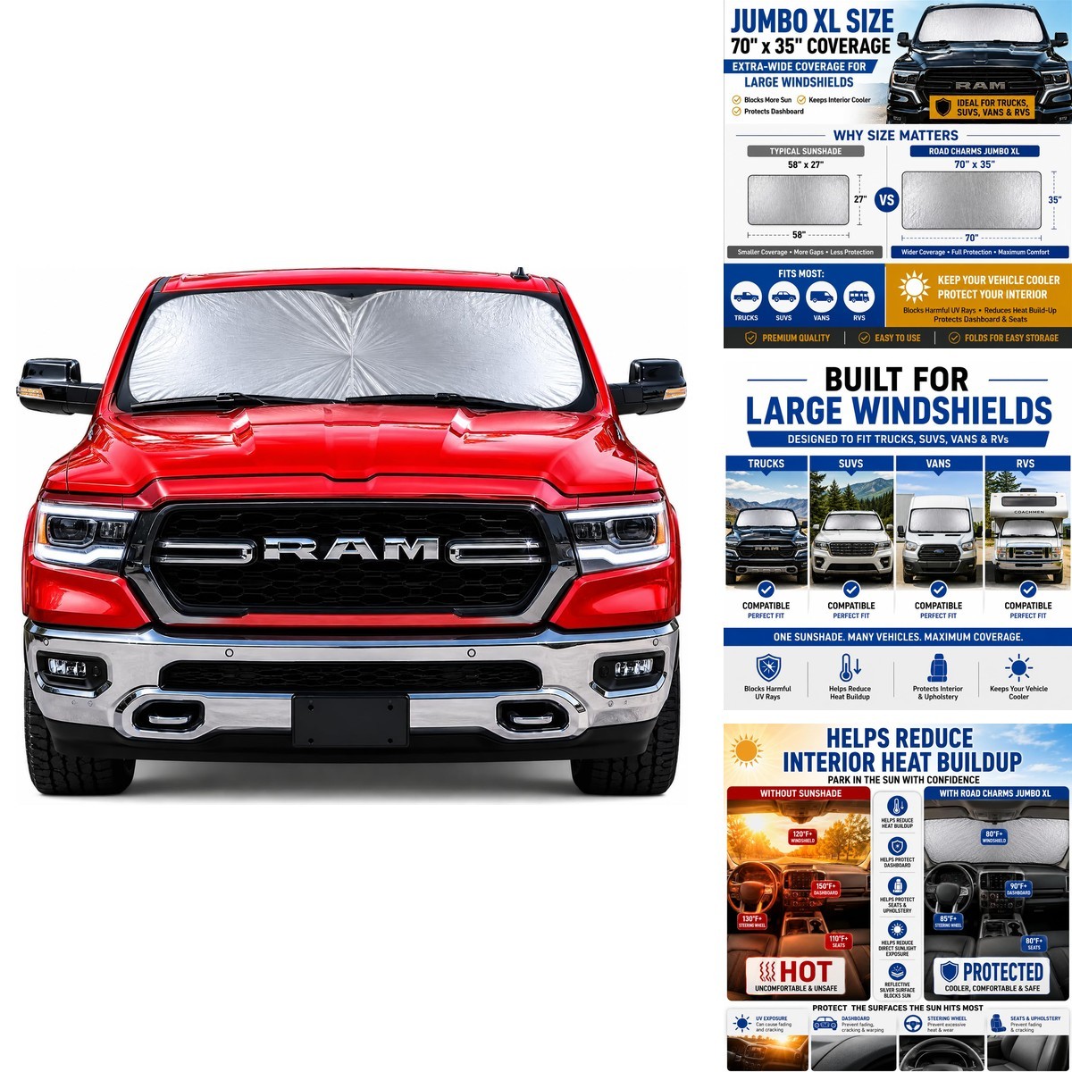 Road Charms Windshield Sun Shade - Jumbo XL (70 x 35 Inches) Car Window Shade Road Charms Windshield Sun Shade - Jumbo XL (70 x 35 Inches) Car Window Shade