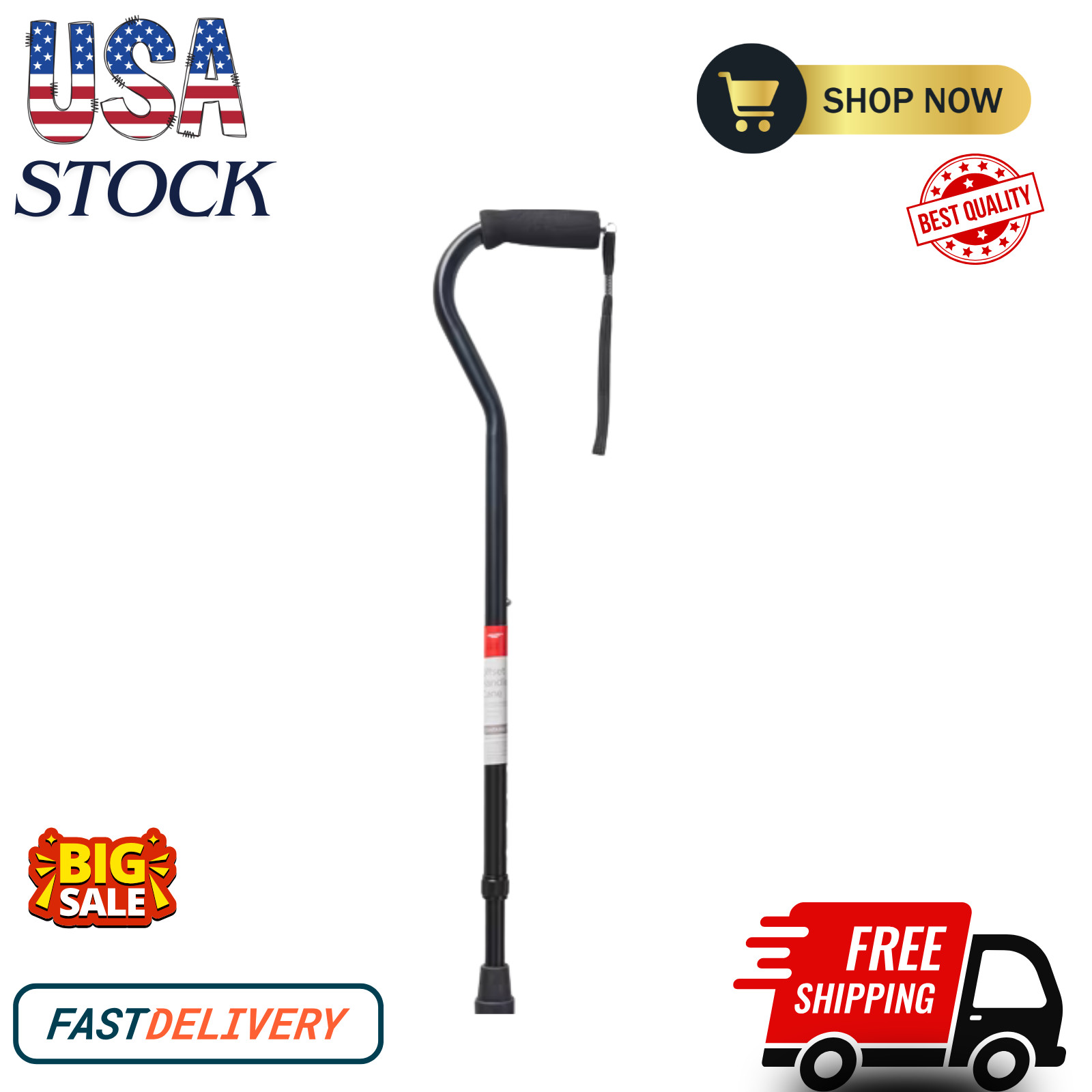 Equate Mobility Aluminum Offset Handle Cane with Foam Handle, Adjustable Height,