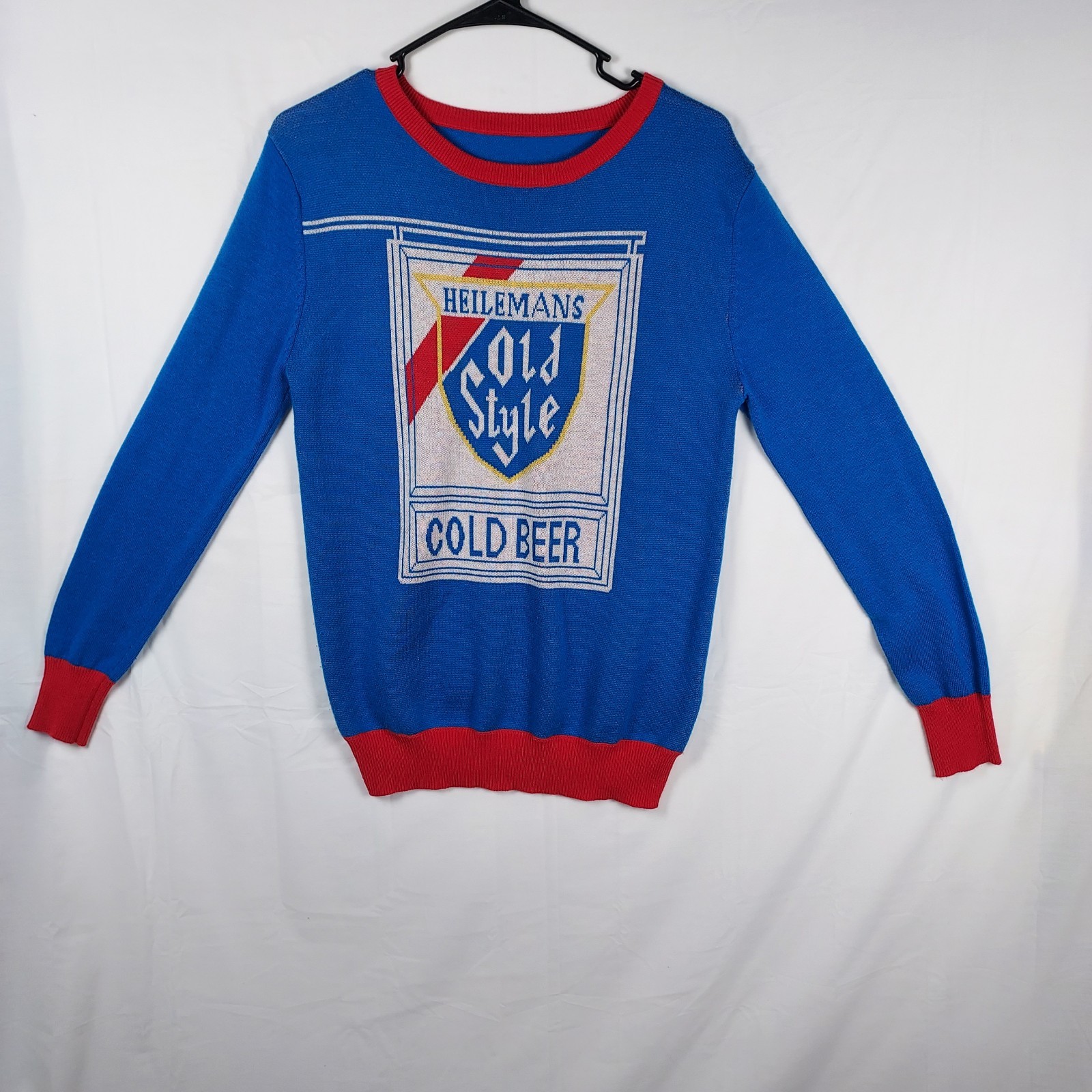 Heilemans Old Style Cold Beer Sweater Blue Red Knit Merino Wool Blend Unisex S/M Heilemans Old Style Cold Beer Sweater Blue Red Knit Merino Wool Blend Unisex S/M