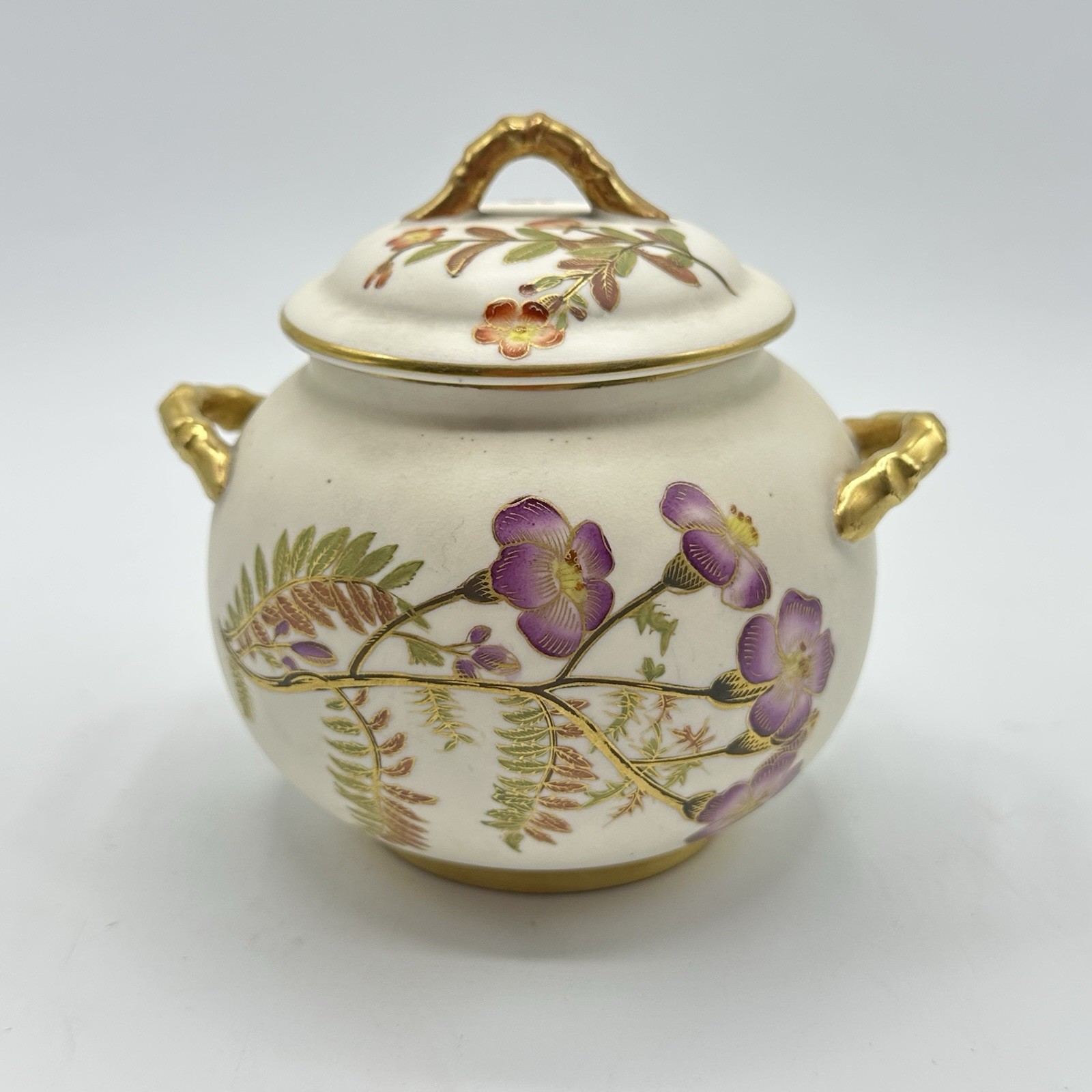 Antique Royal Worcester Blush Ivory Covered Sugar W/2010 Gilt Bamboo Handle 1887 Antique Royal Worcester Blush Ivory Covered Sugar W/2010 Gilt Bamboo Handle 1887