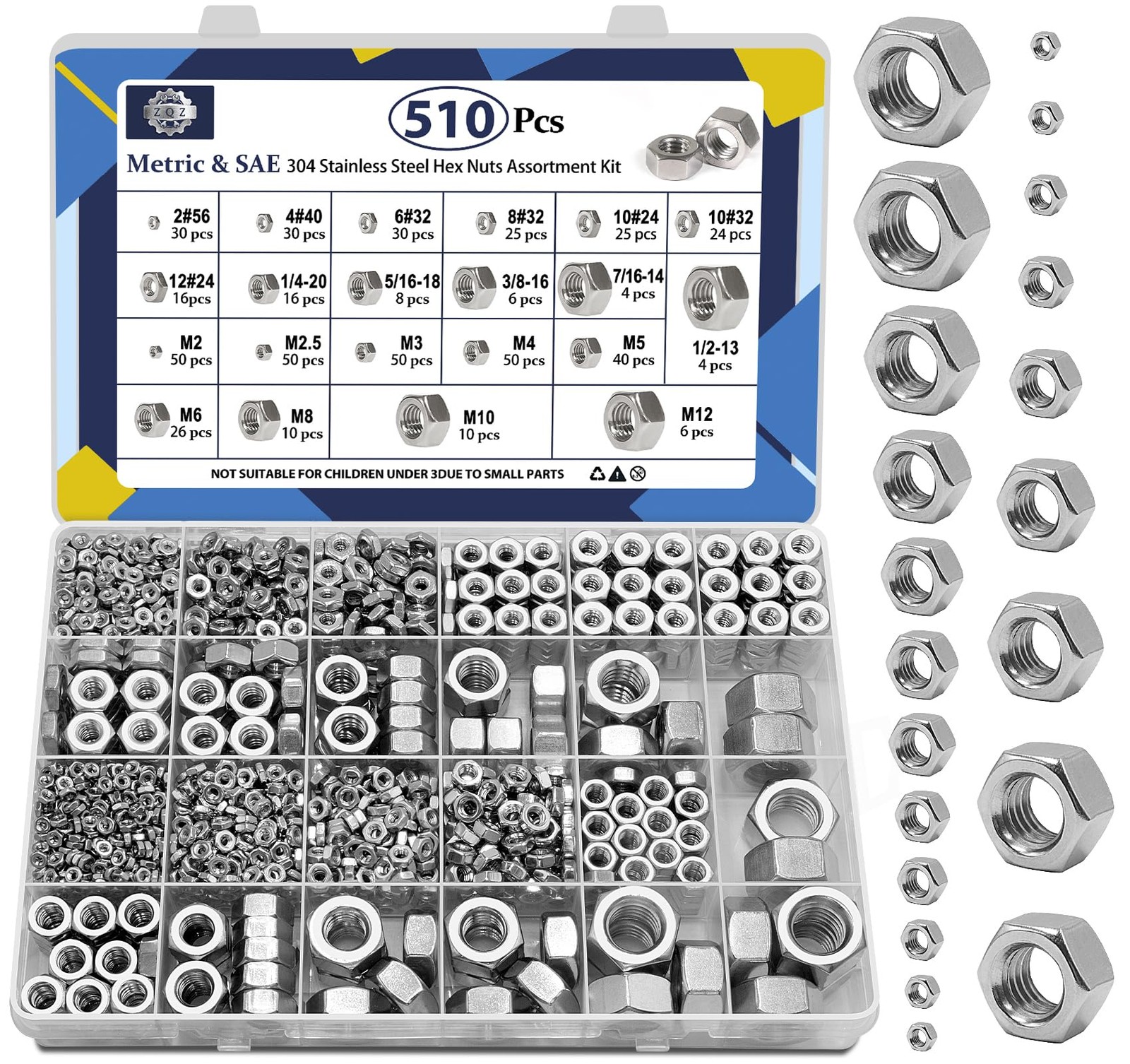 ZQZ 510 Pcs 2 in 1 SAE and Metric Stainless Steel Hex Nut Assortment Kit, 256