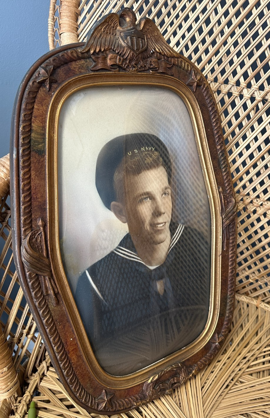 Antique US Navy Sailor Portrait Convex Bubble Glass Eagle American Shield Frame Antique US Navy Sailor Portrait Convex Bubble Glass Eagle American Shield Frame