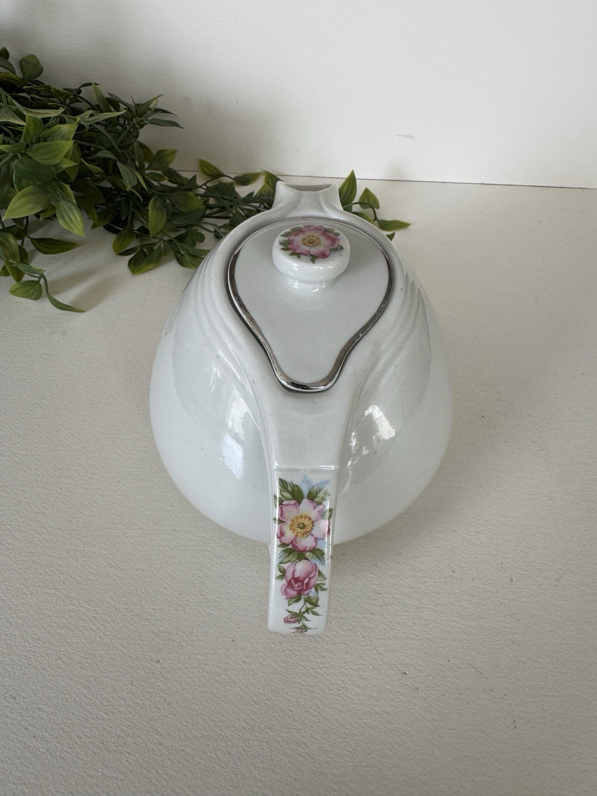 Vintage Hall China Rose White Teapot #658 Floral Sani-Grid USA Mid-Century EUC