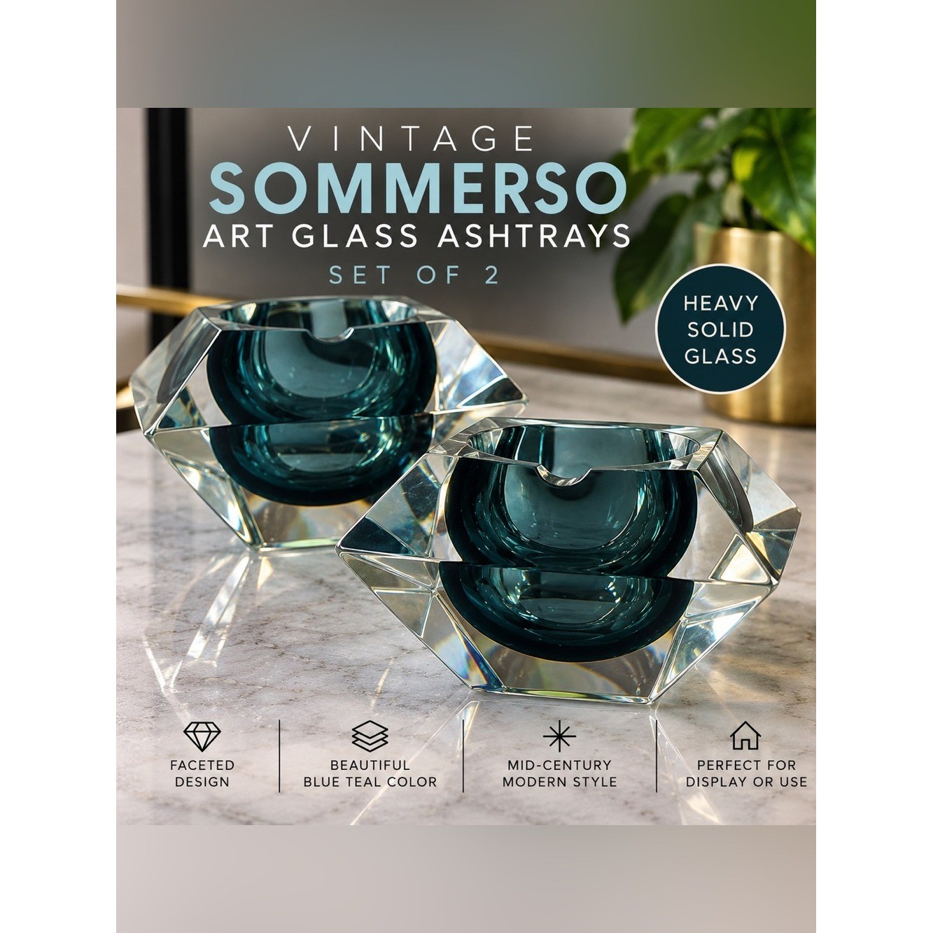 Vintage Sommerso Art Glass Ashtrays Pair Blue Teal Faceted MCM Heavy Glass