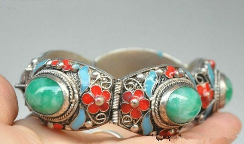 OLD CHINESE CLOISONNE TIBET SILVER INLAID JADE HANDMADE WORK BRACELET
