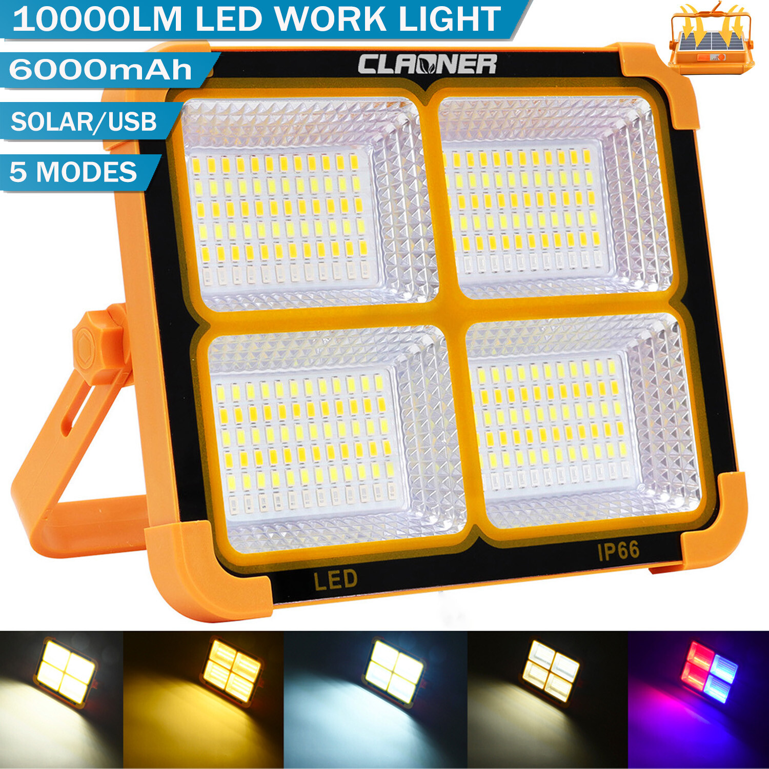 10000LM LED Work Solar Light 6000mAh Rechargeable Flashlight Floor Lamp 5 Modes 10000LM LED Work Solar Light 6000mAh Rechargeable Flashlight Floor Lamp 5 Modes