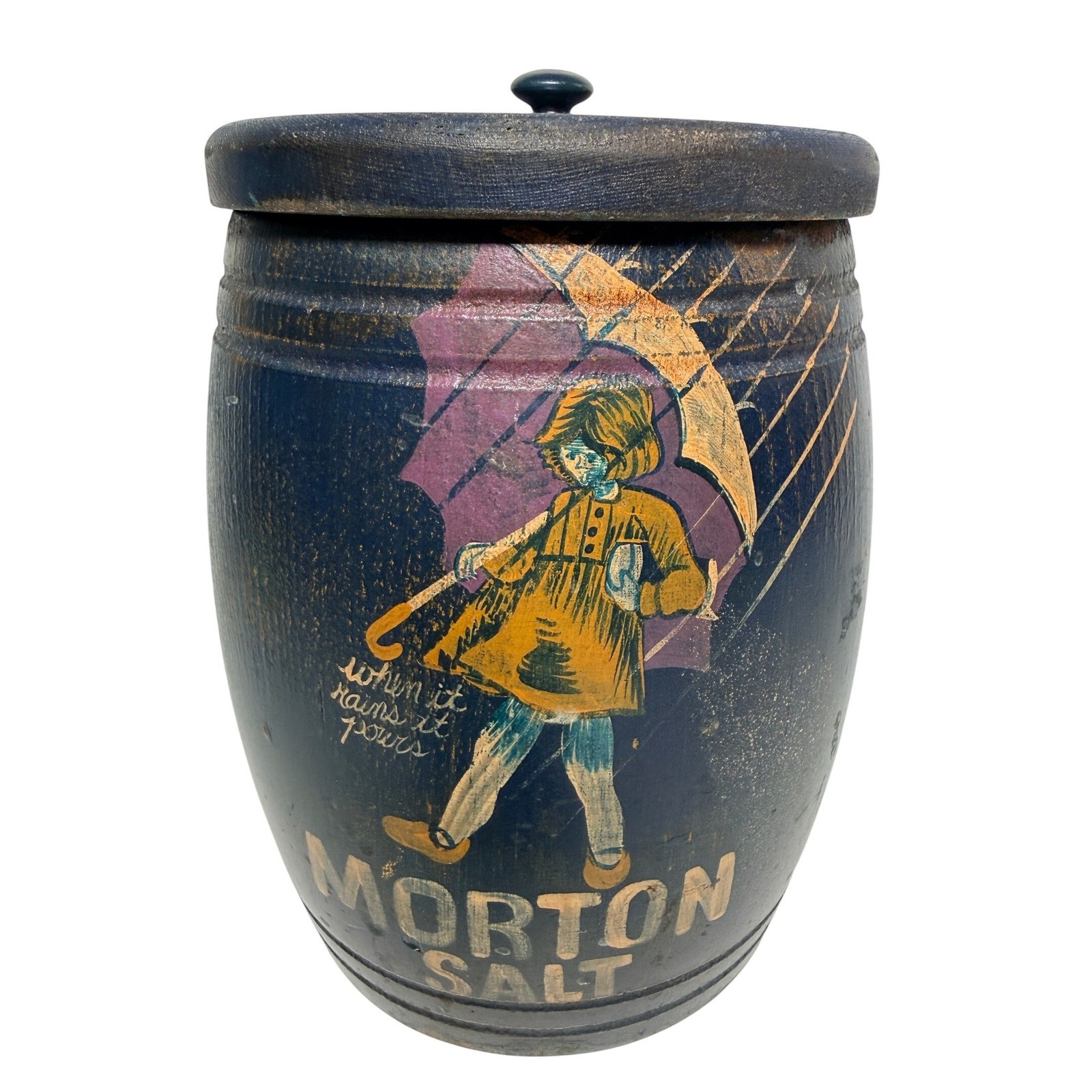 Vintage Morton Salt Wooden Barrel Canister Blue Umbrella Girl Primitive Decor Vintage Morton Salt Wooden Barrel Canister Blue Umbrella Girl Primitive Decor