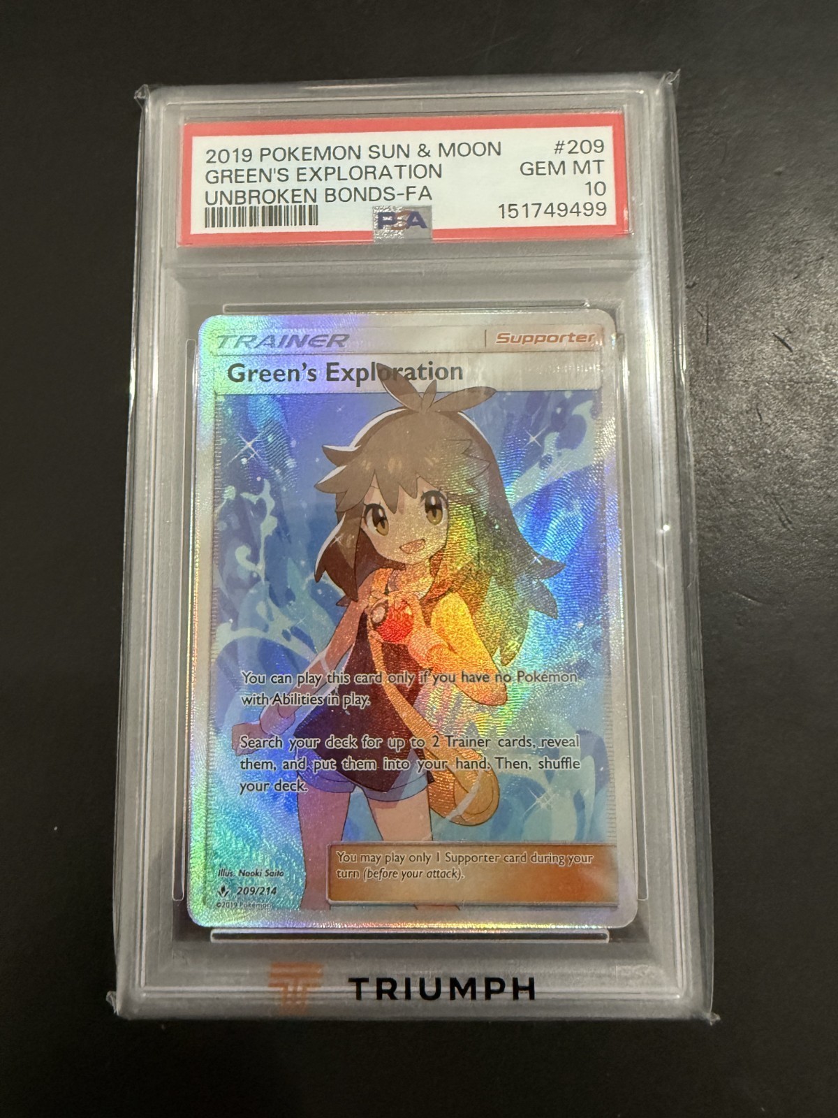 2019 POKEMON SUN & MOON UNBROKEN BONDS #209 FULL ART/GREEN\'S EXPLORATION PSA 10