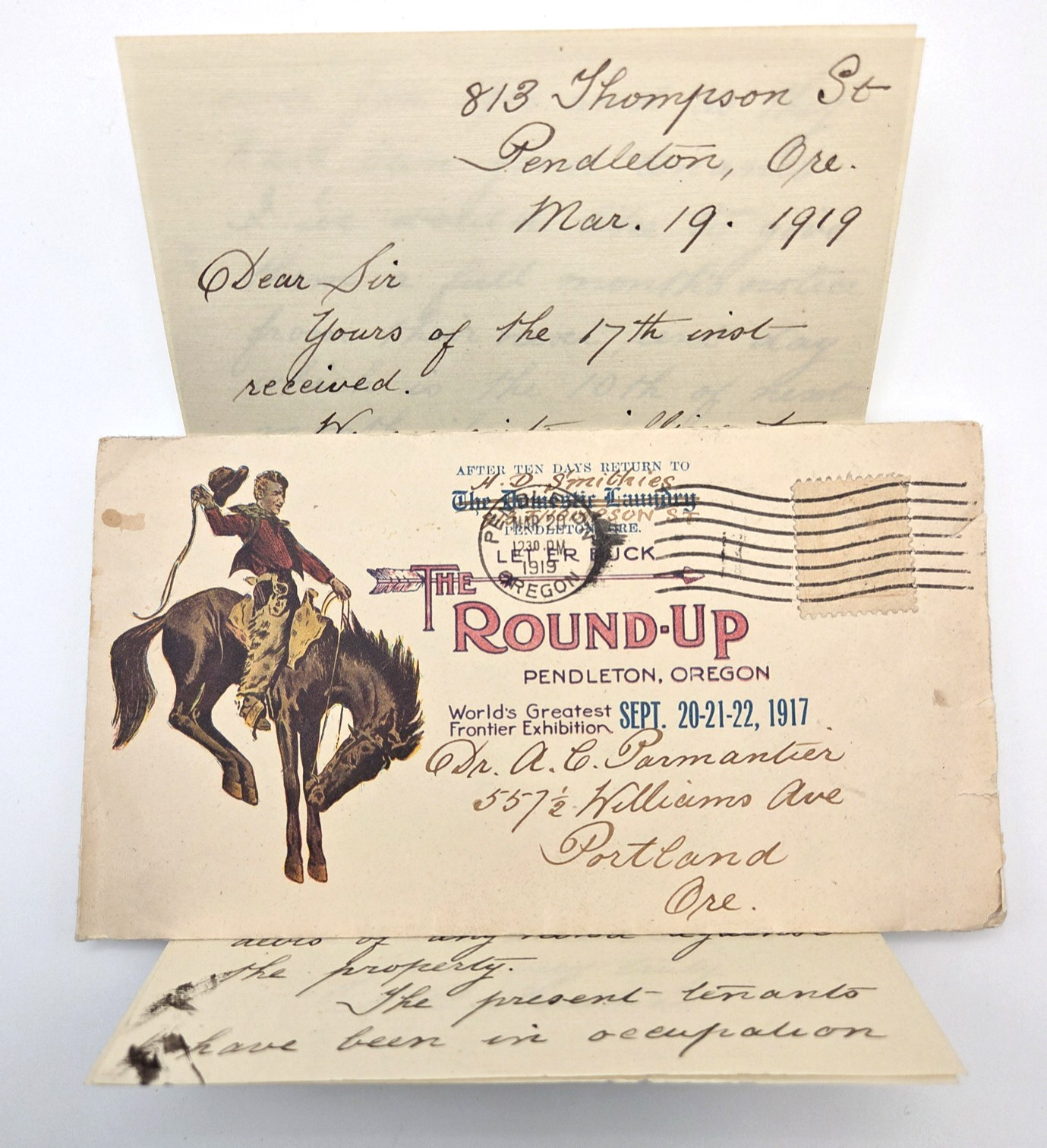 Rare 1917 Pendleton Round-Up Let \'Er Buck Envelope & Portland Real Estate Letter